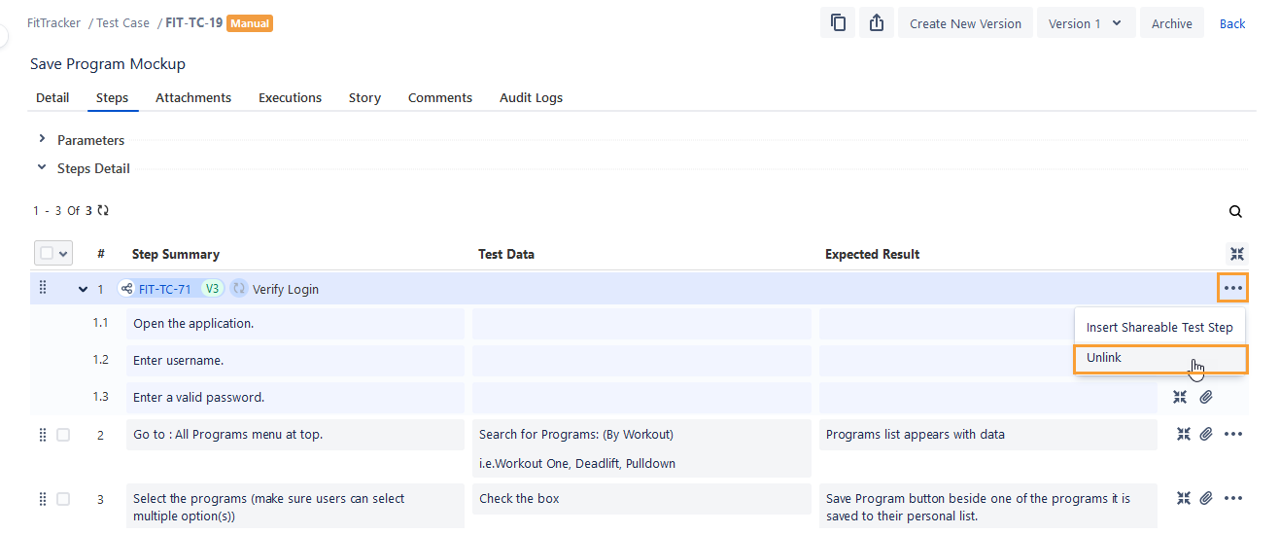 Unlink Shareable Test Steps Unlink Shareable Test Steps