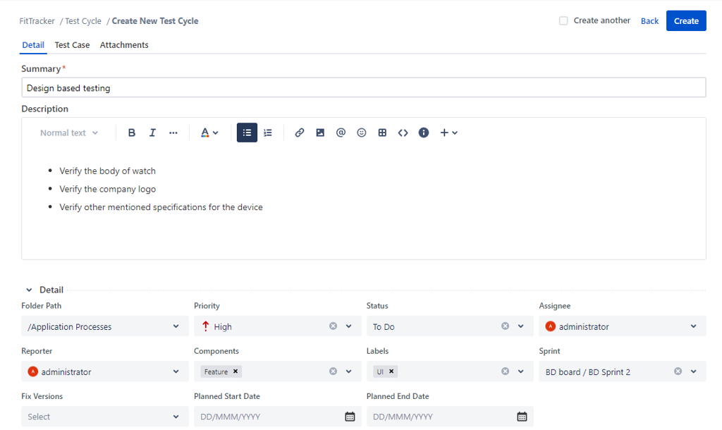 Details on Test Cycle Create Page Details on Test Cycle Create Page