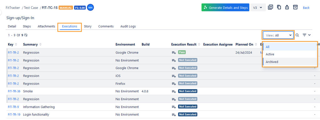 Executions Tab of Test Case Executions Tab of Test Case