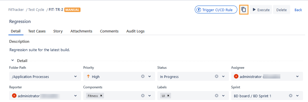 Clone from Test Cycle Detail Page