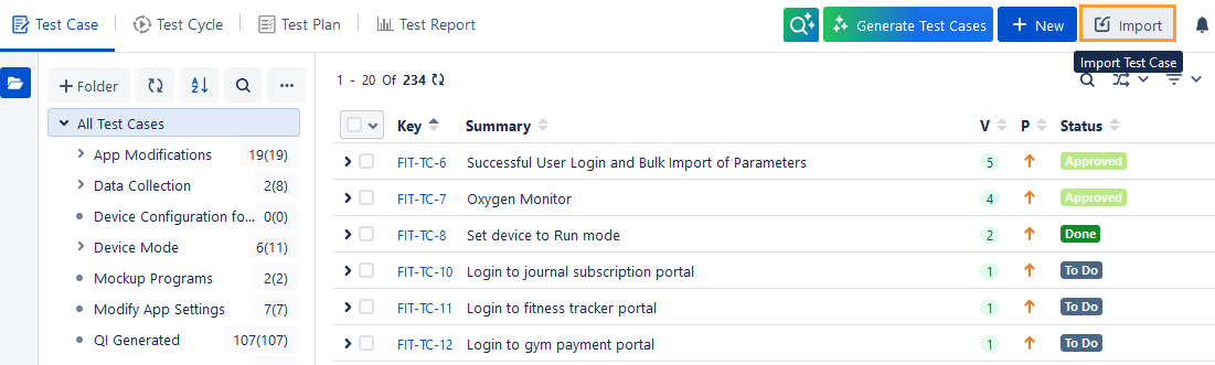 Import Test Case Option Import button