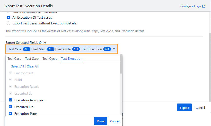 Export Test Execution Options Export Test Execution Options