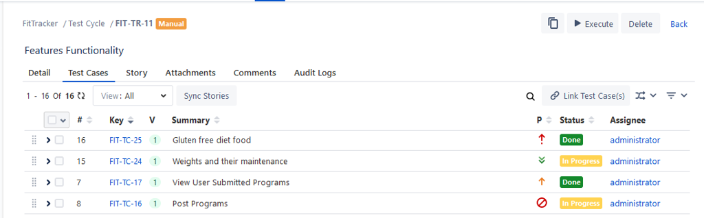 Test Cases on the Test Case Tab of Test Cycle Test Cases on the Test Case Tab of Test Cycle