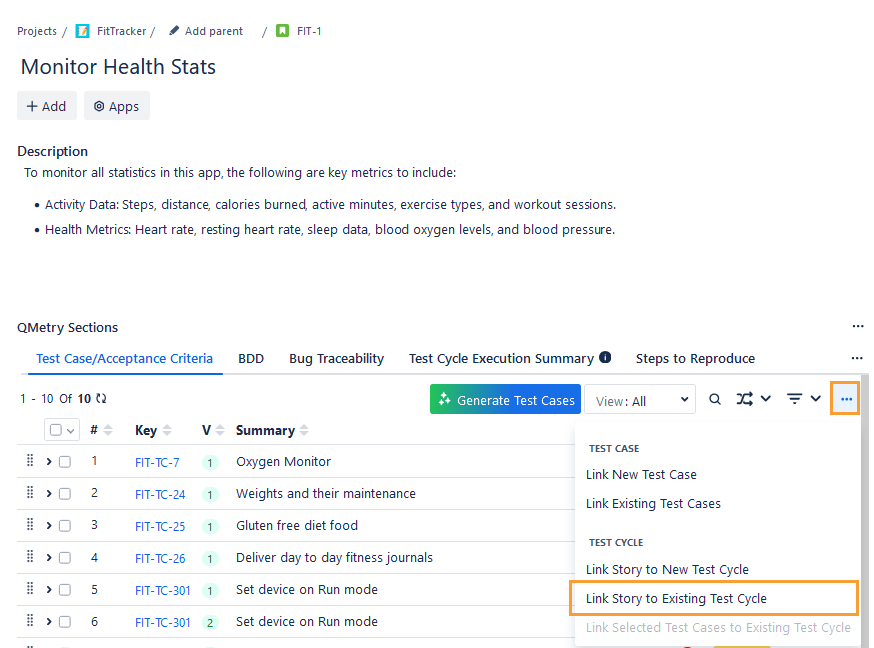 Link Story to Existing Test Cycle Option Link Story to Existing Test Cycle Option