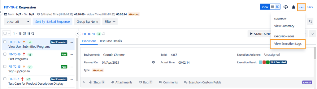 View Execution Logs Option View Execution Logs Option