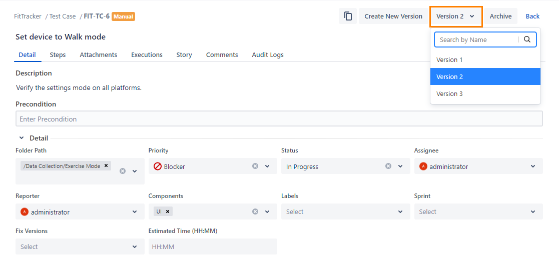 Edit Test Case Version Edit Test Case Version