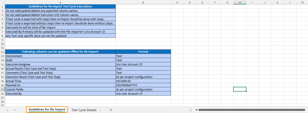 Guidelines for Re-import Tab in Excel Guidelines for Re-import Tab in Excel