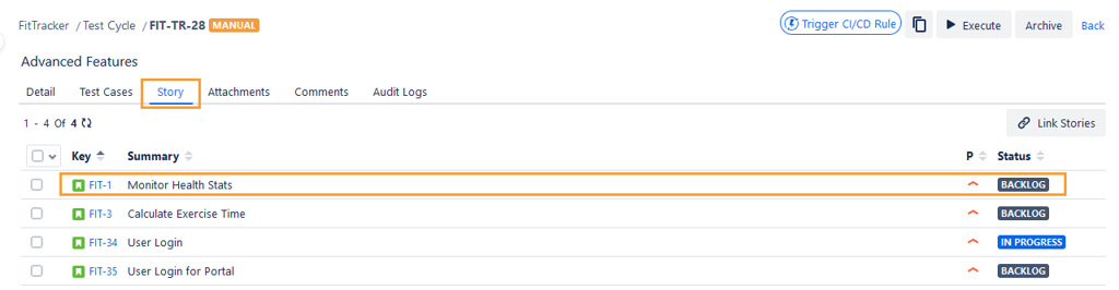 Stories with Linked Test Cycle Stories with Linked Test Cycle