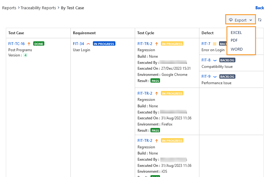 Export Traceability Report Export Traceability Report