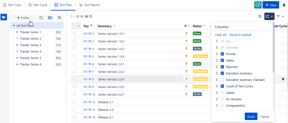 Test Plan List View Columns Test Plan List View Columns