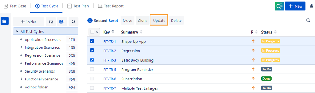 Select Test Cycles to Edit Select Test Cycles to Edit
