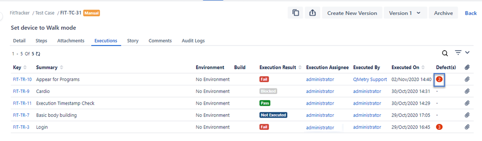 Defects Column on Executions Tab Defects Column on Executions Tab