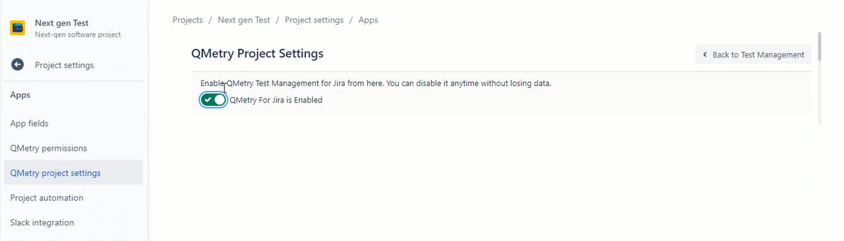QMetry Project Settings Screen QMetry Project Settings Screen