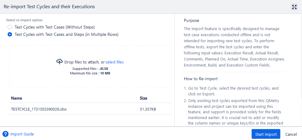 Reimport Test Cycles Screen Reimport Test Cycles Screen