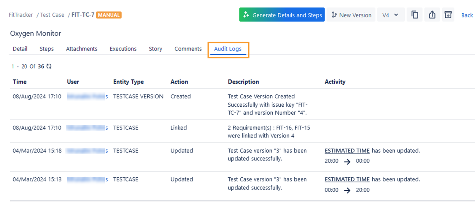 View Test Case Audit Logs View Test Case Audit Logs