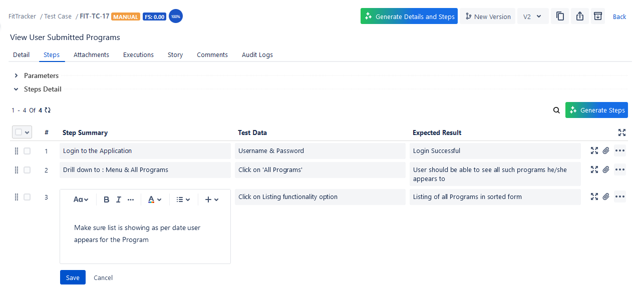 Edit Test Steps from List View Edit Test Steps from List View