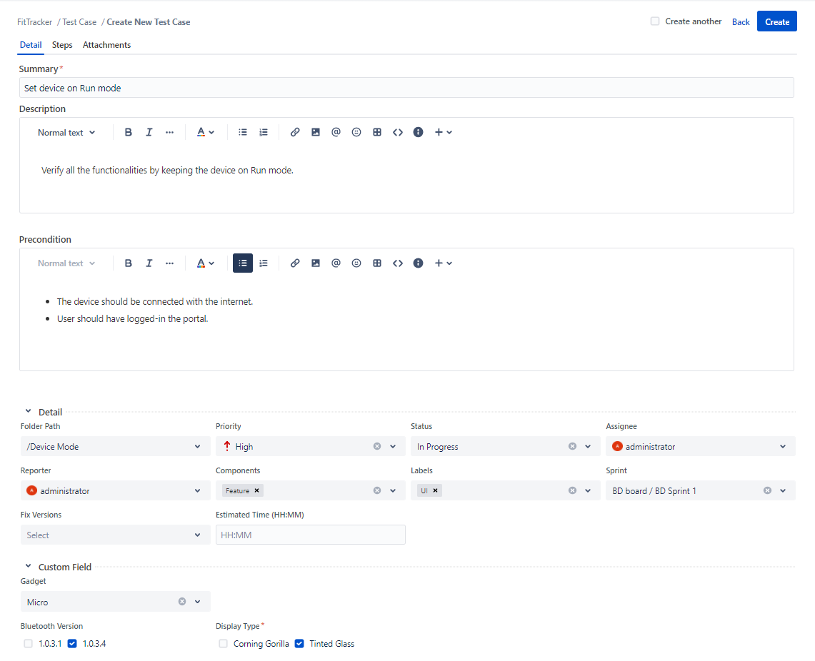 Create Test Case Screen Create Test Case Screen
