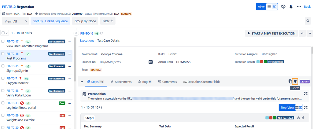 Delete Test Execution Grid View Delete Test Execution Grid View