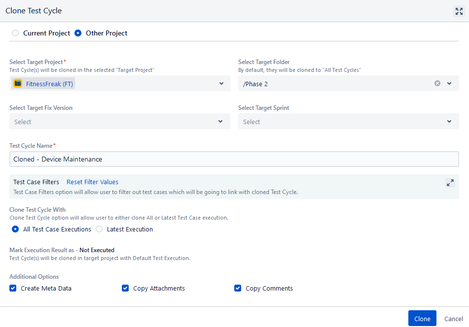 Clone Test Cycle in Other Project