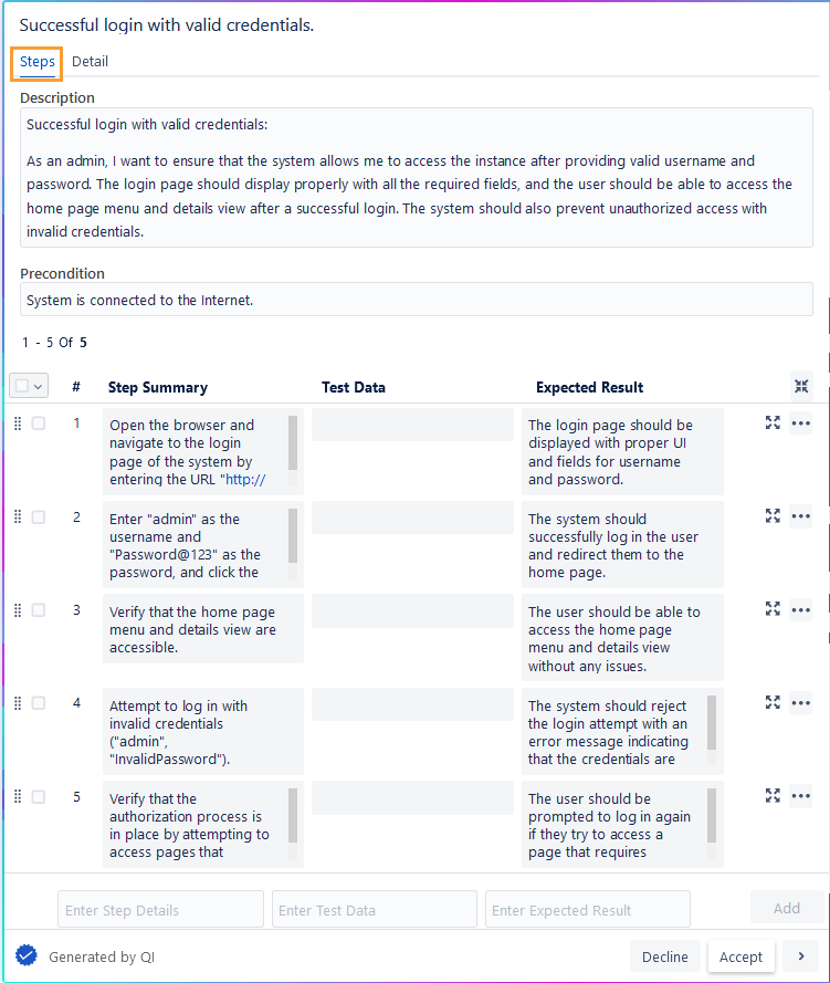 Steps Tab Generate TC Dialog Steps Tab Generate TC Dialog