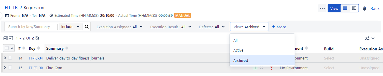 Archived Test Cases on List View Archived Test Cases on List View
