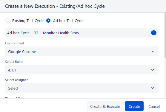 New Test Execution Ad hoc Test Cycle