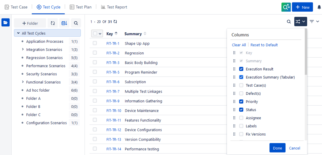 Test Cycle List View Columns Test Cycle List View Columns