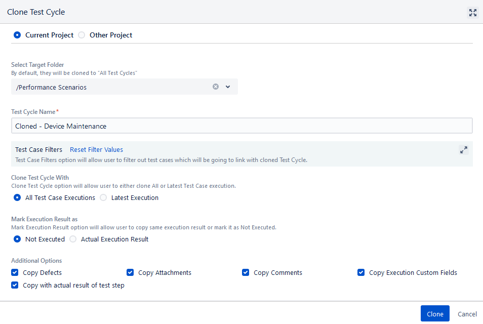 Clone Test Cycle Screen
