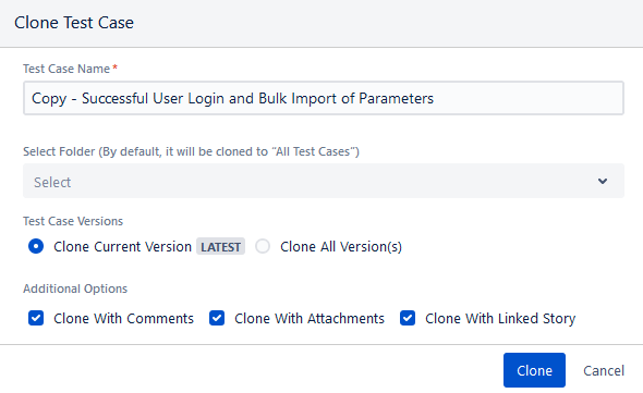 Clone Test Case Screen Clone Test Case Screen