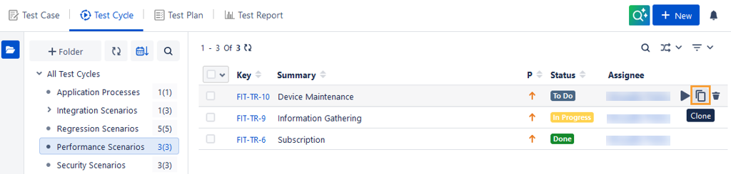 Clone Test Cycle from List View