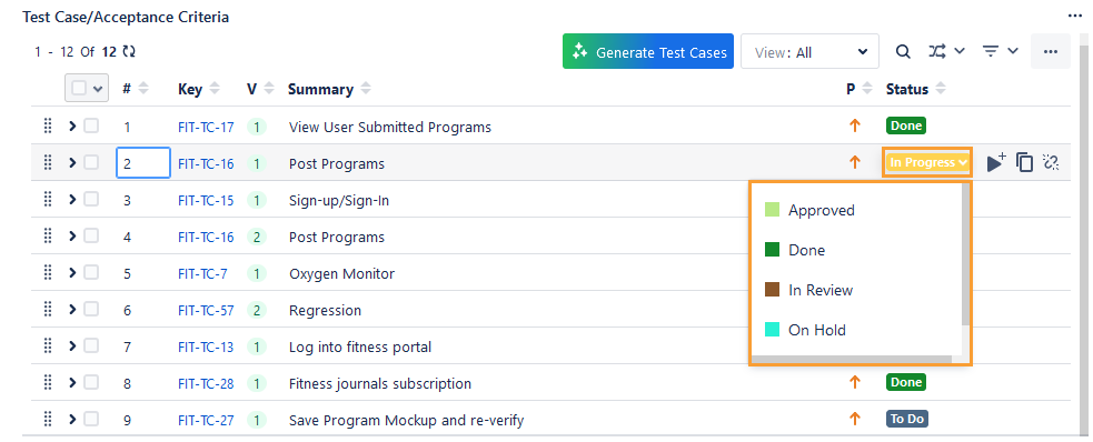 Update Test Case Status Inline Update Test Case Status Inline
