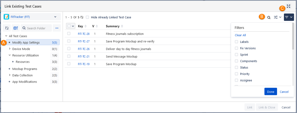 Filter Test Cases on Link Existing TC Screen Filter Test Cases on Link Existing TC Screen