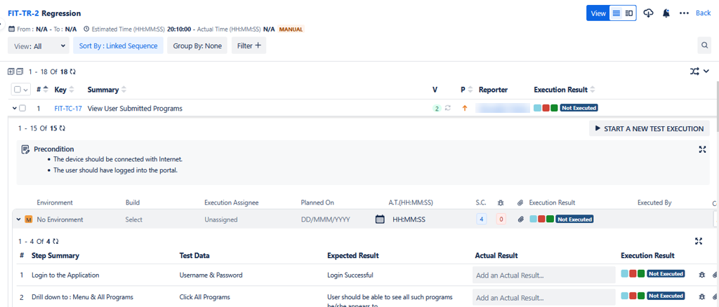 Single TC New Execution List View Single TC New Execution List View