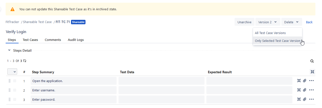 Delete Shareable Test Case Version Delete Shareable Test Case Version