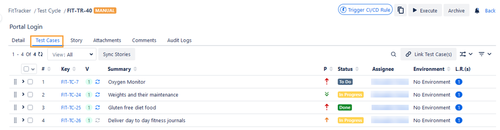 Test Cases Tab on Test Cycle Detail Page Test Cases Tab on Test Cycle Detail Page