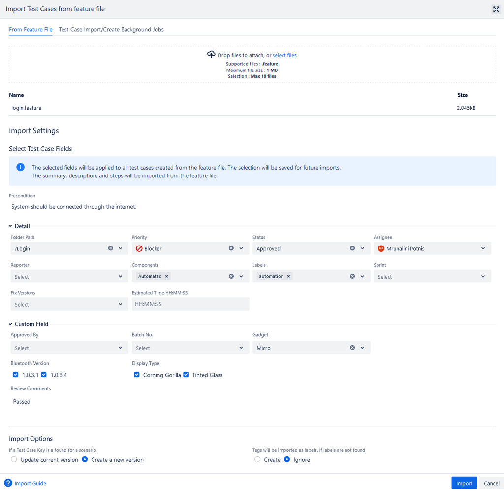 Import TC from Feature File Import Dialog
