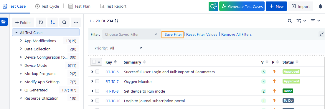 Save Test Case Filter Save Test Case Filter