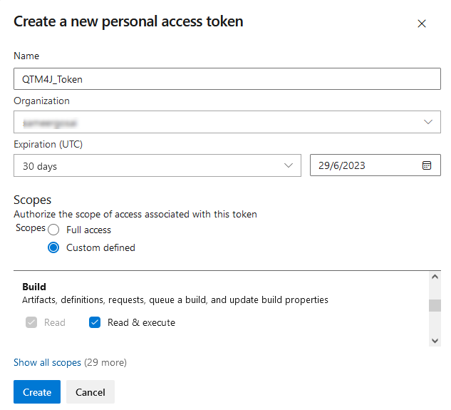 Azure DevOps Create New Token Screen Azure DevOps Create New Token Screen