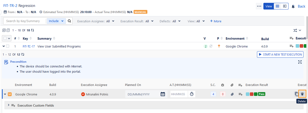 Delete Test Execution List View Delete Test Execution List View