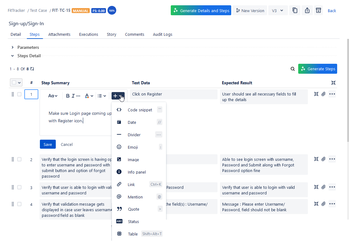 Add Test Steps from Steps Tab Add Test Steps from Steps Tab
